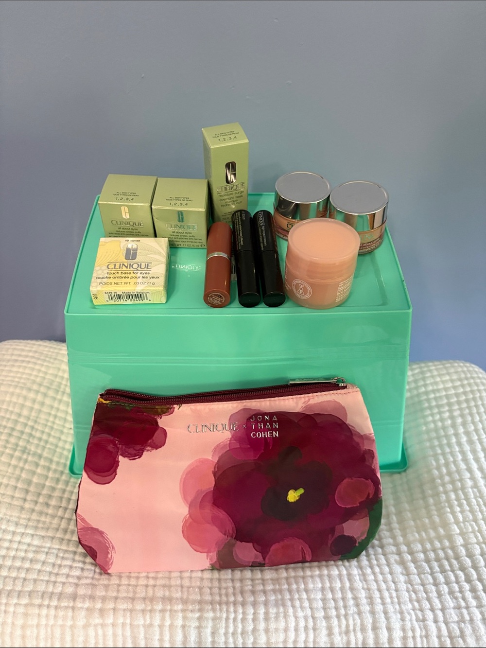 Clinique Mint Green Skincare Set with Pink Floral Pouch